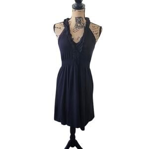 Theory XS black a-line dress ruffled v-neckline, knit, midi length sleeveless